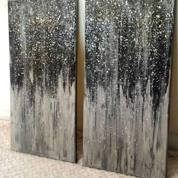 ((SOLD)) Original Glitter Crystals Black and Gray Abstract Acrylic Paintings - Picture 4 of 4